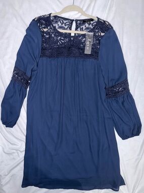 Navy Lace Yoke Long Sleeve Dress